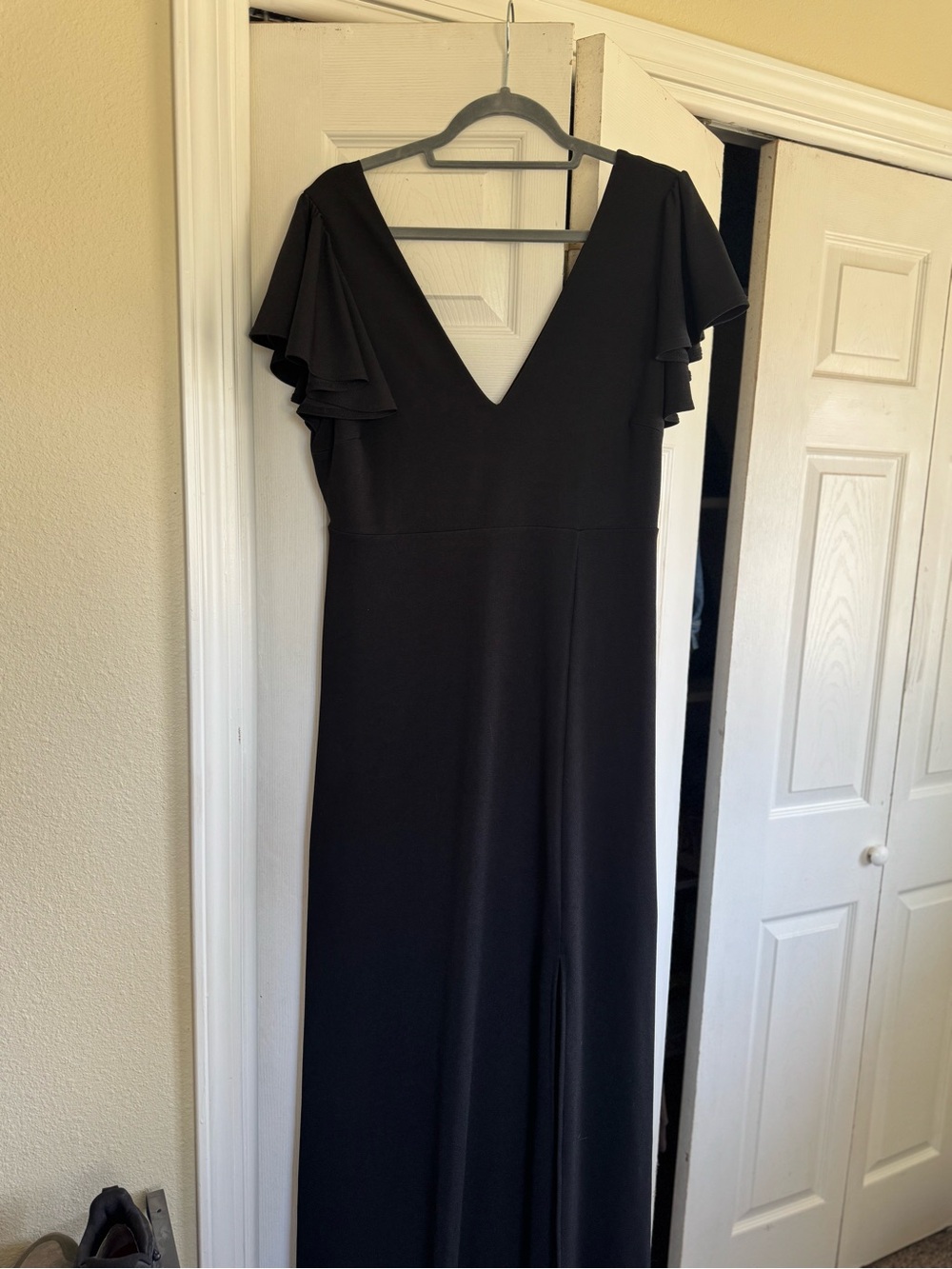 Birdy Grey Black Maxi Dress with V-Neck and Flutter Sleeves